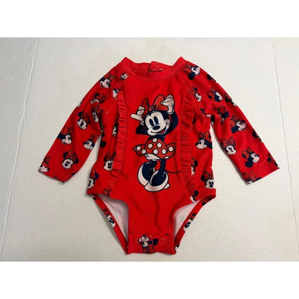 Disney Baby Minnie Mouse Red Long Sleeve One Piece Swimsuit Ruffle Girls 3-6 mo